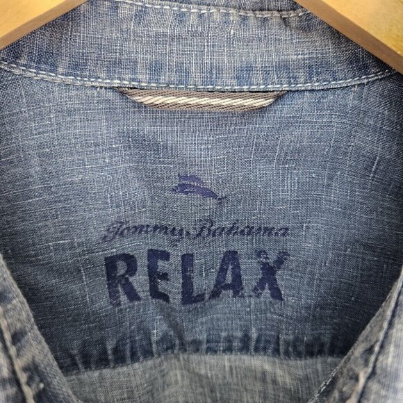 Tommy Bahama Denim Shirt 100% Linen Buttons Blue Short Sleeve Men's Sz XLT Tall - Picture 5 of 10